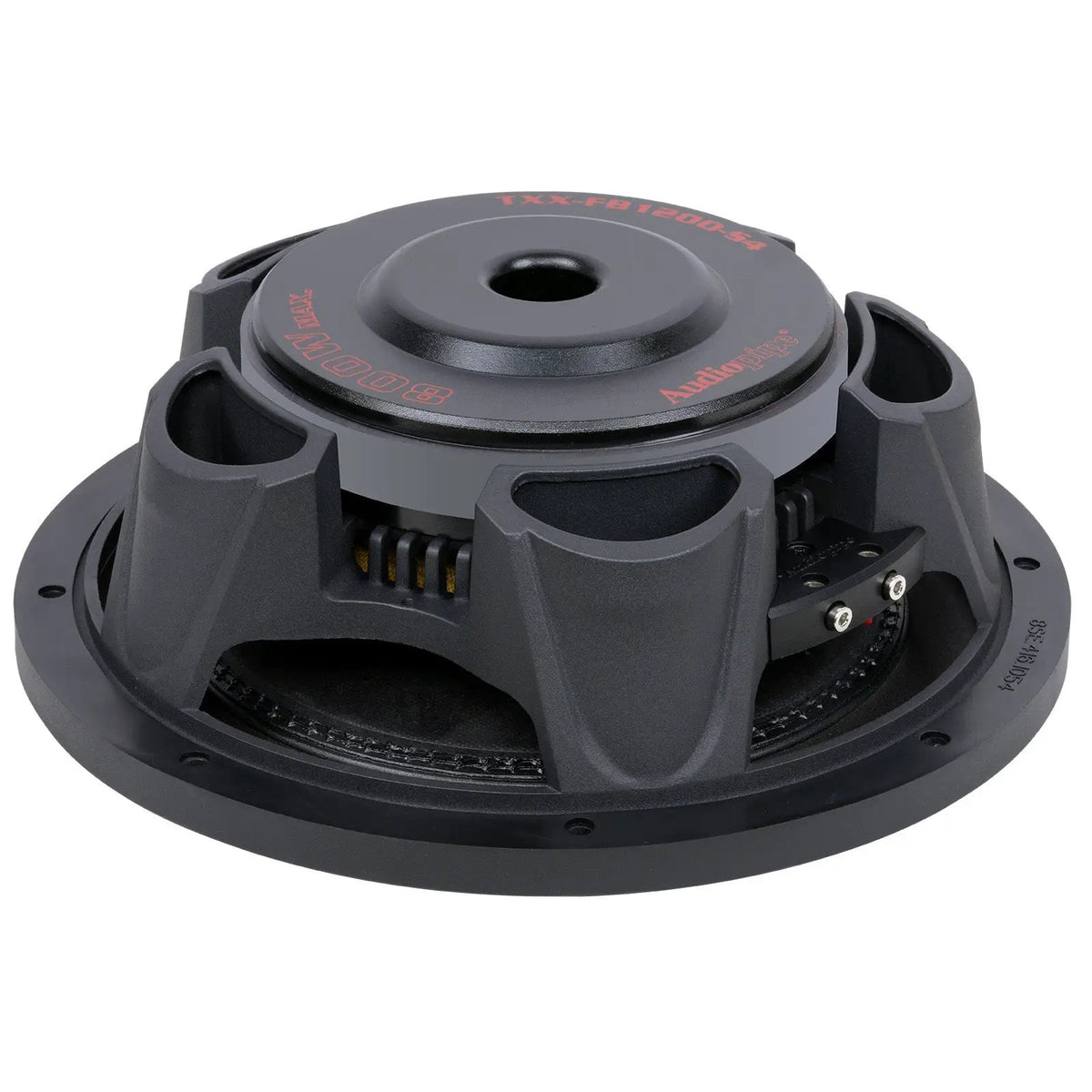 Angled rear view of shallow subwoofer with magnet and screw terminals