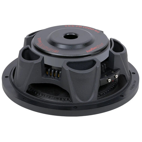 Angled rear view of shallow subwoofer with magnet and screw terminals