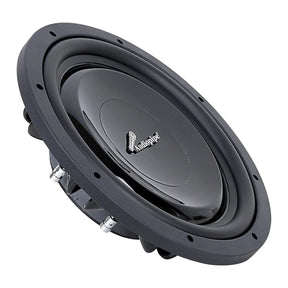 Angled front view of a shallow Audiopipe subwoofer with smooth black cone and silver logo