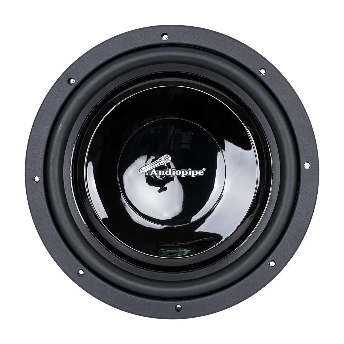Audiopipe subwoofer with a glossy black cone, front view