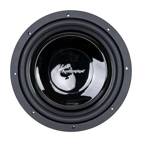 Audiopipe subwoofer with a glossy black cone, front view
