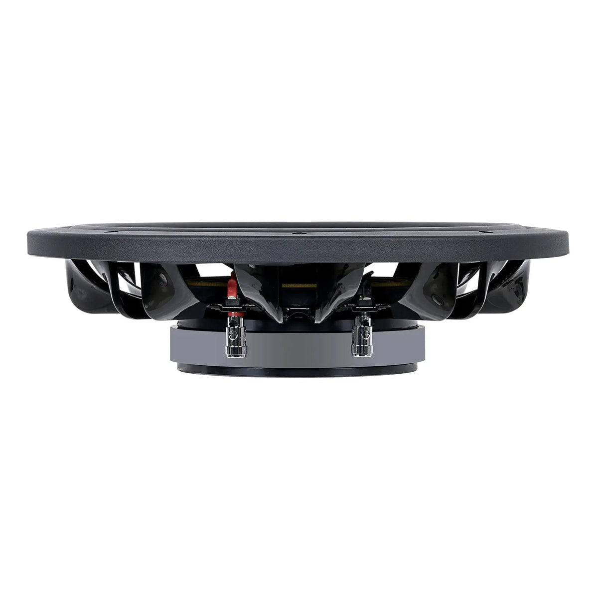 Side profile of a shallow Audiopipe subwoofer showing its low basket, magnet and terminals