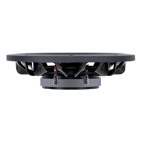 Side profile of a shallow Audiopipe subwoofer showing its low basket, magnet and terminals