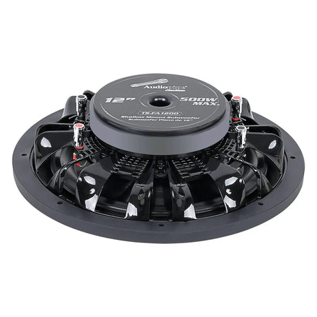Rear angled view of a shallow Audiopipe subwoofer showing the magnet label, basket and terminals