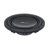 Low front view of a shallow Audiopipe subwoofer with smooth black cone and silver logo