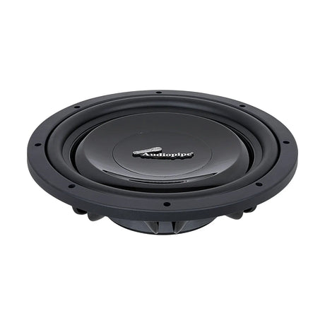 Low front view of a shallow Audiopipe subwoofer with smooth black cone and silver logo