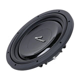 Audiopipe shallow-profile subwoofer with a glossy black cone, angled view