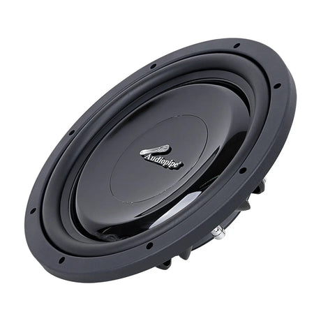 Audiopipe shallow-profile subwoofer with a glossy black cone, angled view