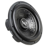 Audiopipe subwoofer with a textured black cone and AP logo, angled view