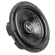 Audiopipe subwoofer with a textured black cone and AP logo, angled view