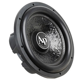 Audiopipe subwoofer with a textured black cone and AP logo, angled view