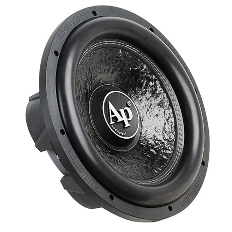 Audiopipe subwoofer with a textured black cone and AP logo, angled view