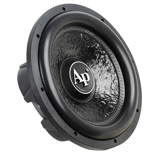 Audiopipe subwoofer with a textured black cone and AP logo, angled view