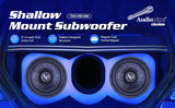 TXX-FB1200 shallow-subwoofer graphic highlighting dual voice coils, shallow design and ferrite magnet