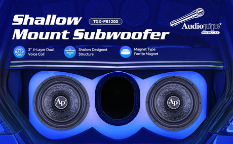 TXX-FB1200 shallow-subwoofer graphic highlighting dual voice coils, shallow design and ferrite magnet