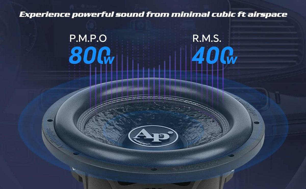 Audiopipe shallow subwoofer graphic advertising 800W peak and 400W RMS output in a compact enclosure