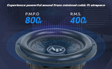 Audiopipe shallow subwoofer graphic advertising 800W peak and 400W RMS output in a compact enclosure