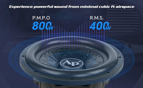 Audiopipe shallow subwoofer graphic advertising 800W peak and 400W RMS output in a compact enclosure