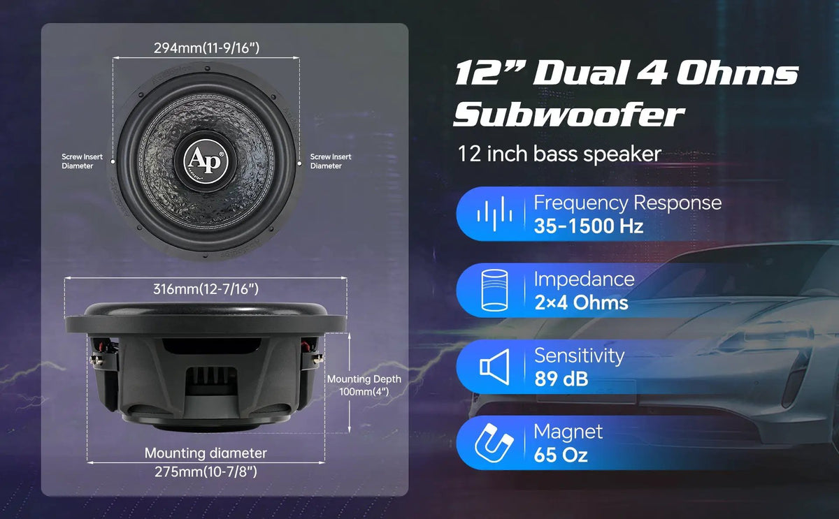 12-inch dual-4-ohm subwoofer diagram listing 100mm mounting depth and 275mm mounting diameter
