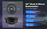 12-inch dual-4-ohm subwoofer diagram listing 100mm mounting depth and 275mm mounting diameter