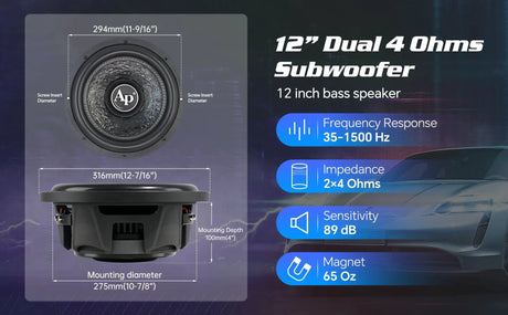 12-inch dual-4-ohm subwoofer diagram listing 100mm mounting depth and 275mm mounting diameter