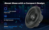Audiopipe shallow-mount subwoofer feature graphic highlighting its paper cone, center dust cap and shallow aluminum basket