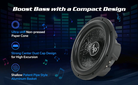 Audiopipe shallow-mount subwoofer feature graphic highlighting its paper cone, center dust cap and shallow aluminum basket