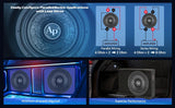 Subwoofer wiring graphic showing dual 4-ohm coils wired in parallel for 2 ohms or series for 8 ohms