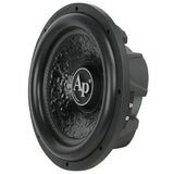 Audiopipe subwoofer with a textured black cone and AP logo, angled view