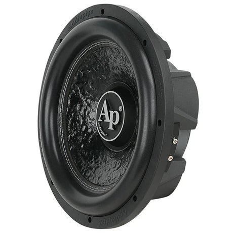 Audiopipe subwoofer with a textured black cone and AP logo, angled view