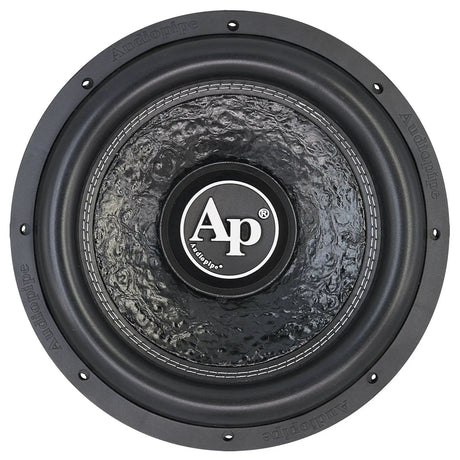 Audiopipe subwoofer with a textured black cone and AP logo, front view