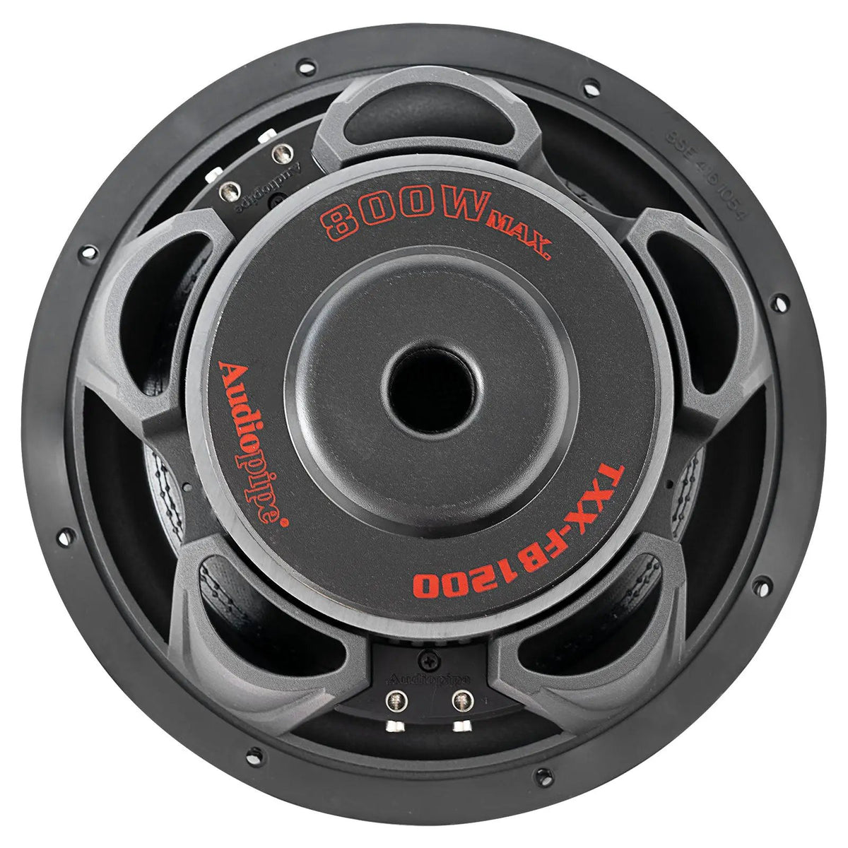 Rear view of an Audiopipe shallow subwoofer marked TXX-FB1200 and 800W Max