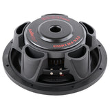 Rear-angled view of an Audiopipe shallow subwoofer showing terminal block and vented magnet cover