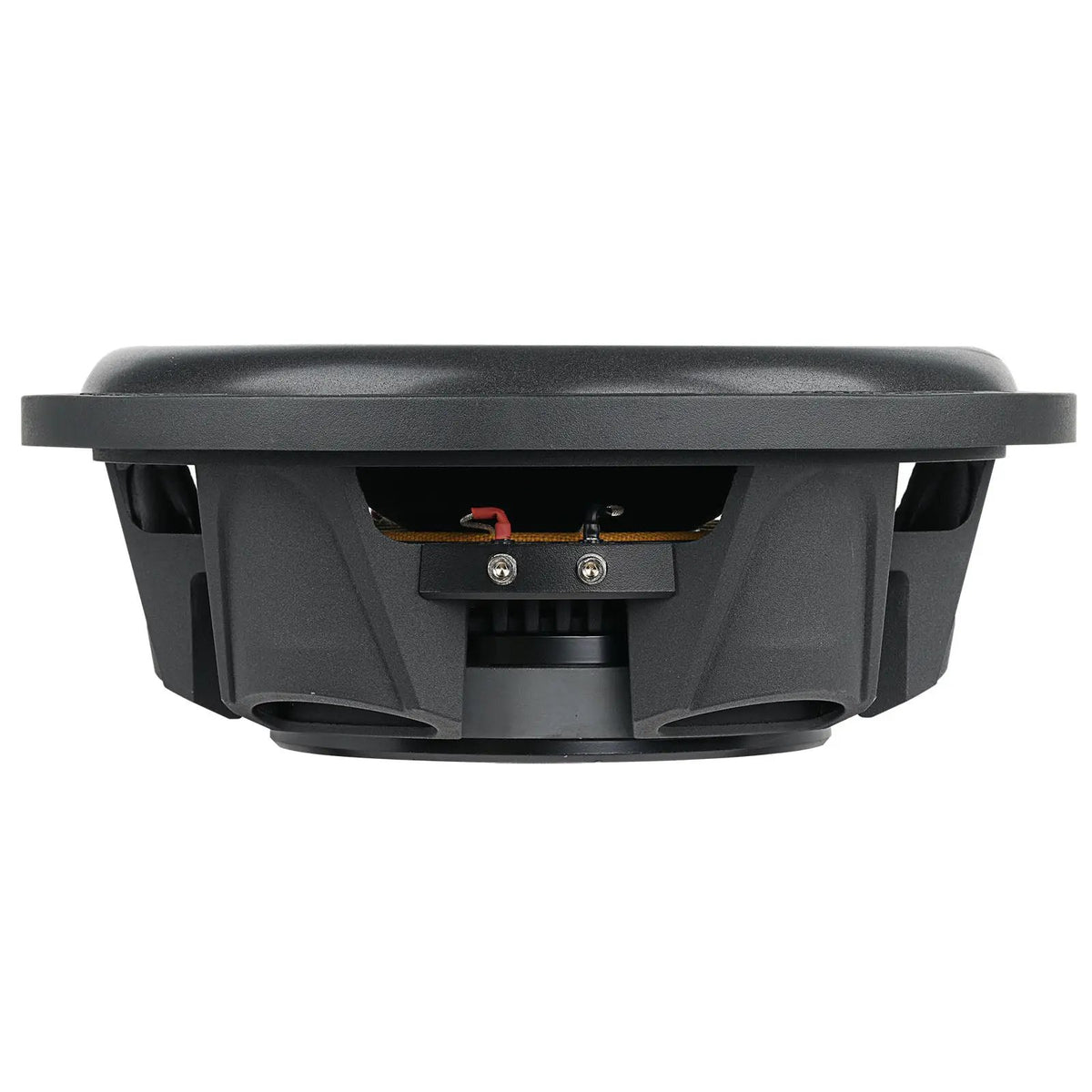 Shallow-profile subwoofer, side view showing the black basket and terminals