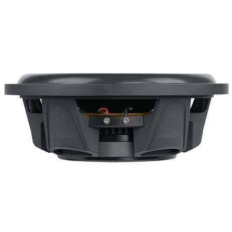 Shallow-profile subwoofer, side view showing the black basket and terminals