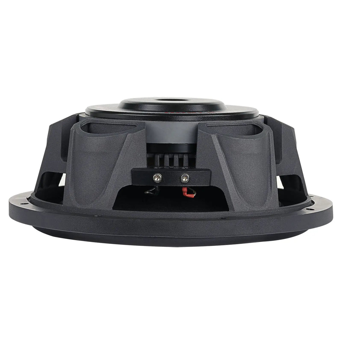 Side view of a shallow Audiopipe subwoofer showing its low-profile black basket and terminal block