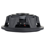 Side view of a shallow Audiopipe subwoofer showing its low-profile black basket and terminal block