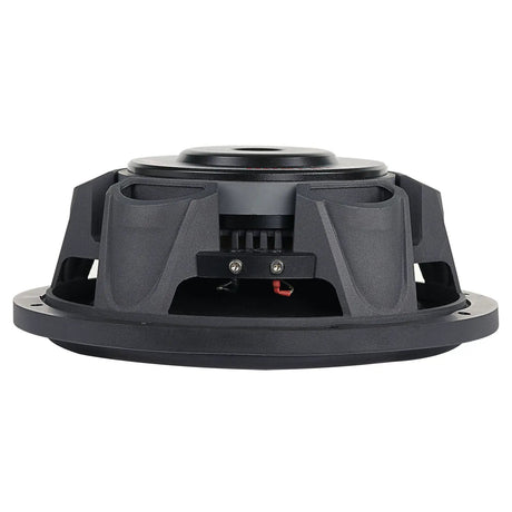 Side view of a shallow Audiopipe subwoofer showing its low-profile black basket and terminal block