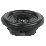 Audiopipe shallow-profile subwoofer with a textured black cone, upper angled view