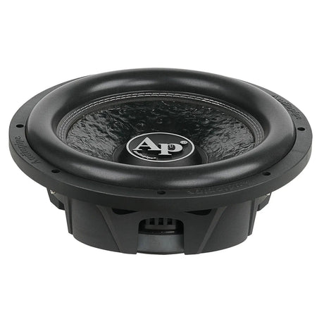 Audiopipe shallow-profile subwoofer with a textured black cone, upper angled view