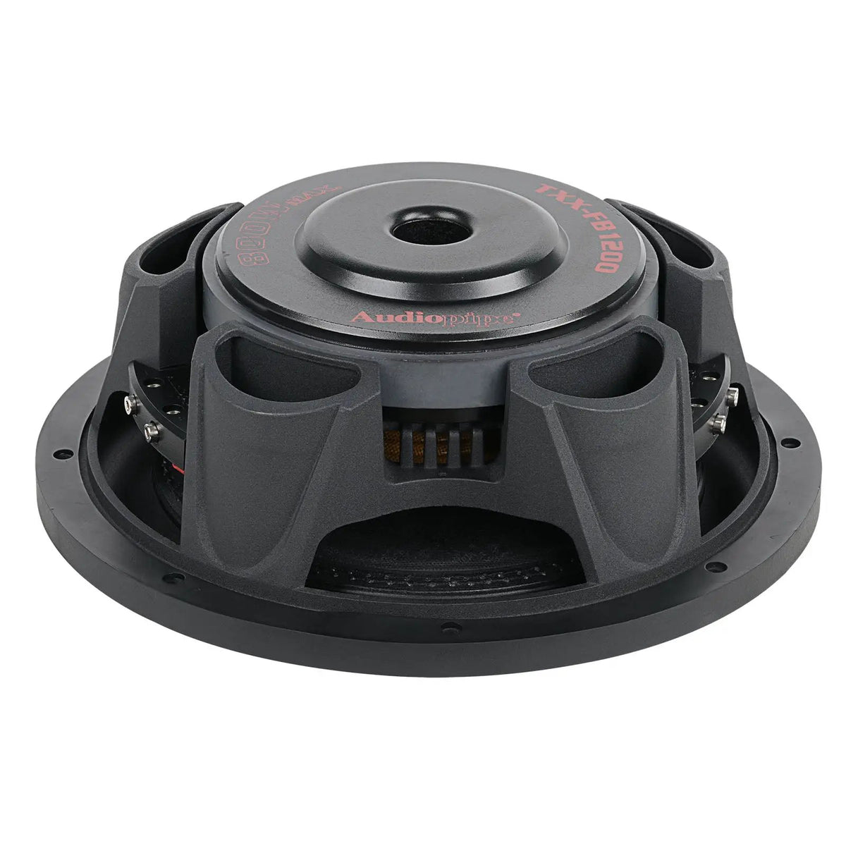 Low rear-side view of an Audiopipe shallow subwoofer with open basket and magnet vent