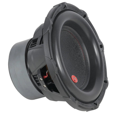 Angled front view of an Audiopipe subwoofer with small red cone badge and magnet to the left