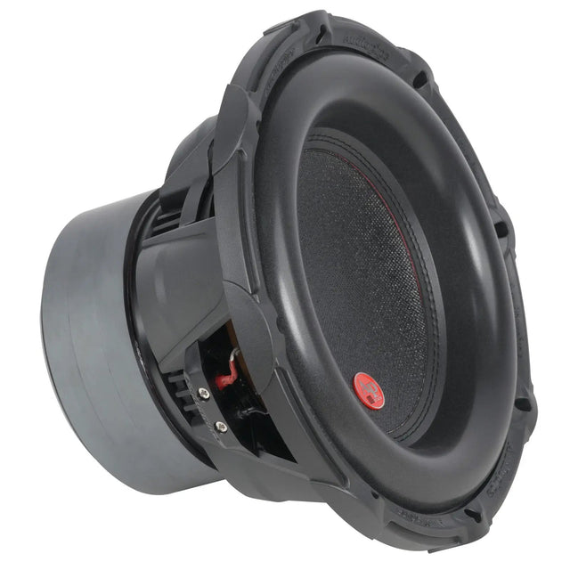 Angled front view of an Audiopipe subwoofer with small red cone badge and magnet to the left