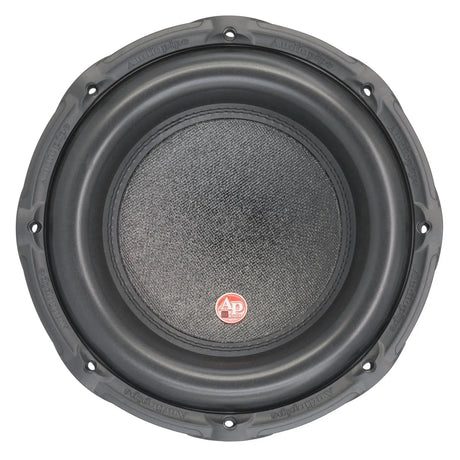 Audiopipe subwoofer with a black cone and small red badge, front view