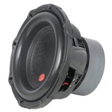 Angled front view of an Audiopipe subwoofer with small red cone badge and magnet to the right