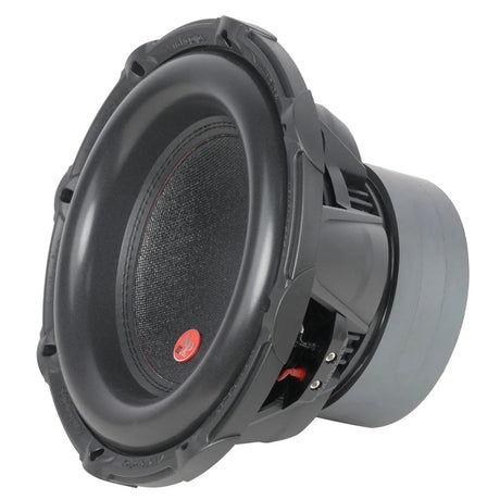 Angled front view of an Audiopipe subwoofer with small red cone badge and magnet to the right