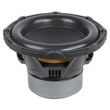 Side-angled view of an upright Audiopipe subwoofer with yellow suspension visible through its basket