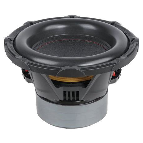 Side-angled view of an upright Audiopipe subwoofer with yellow suspension visible through its basket