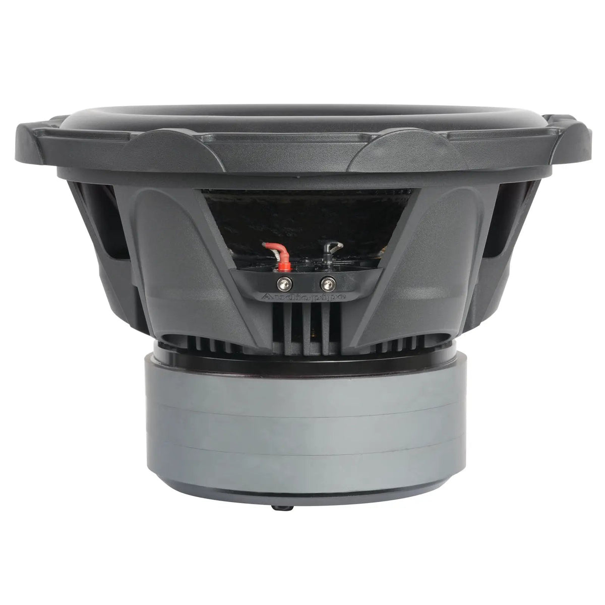 Subwoofer side view showing the terminal block, basket openings and stacked motor