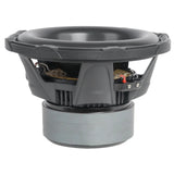 Subwoofer, upper angled view showing the black cone, basket and terminals